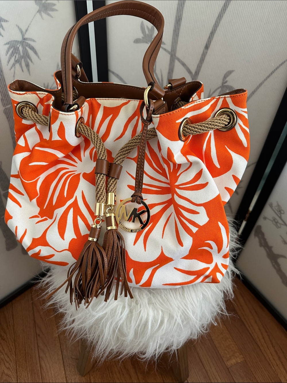 Michael Kors Orange and White Floral Canvas Drawstring Hobo with Brown Trim